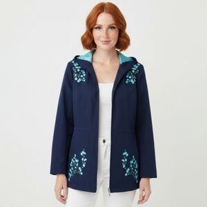 Y2K Dennis By Dennis Basso Embroidered Jacket Medium Navy Peacoat Cherry Blossom